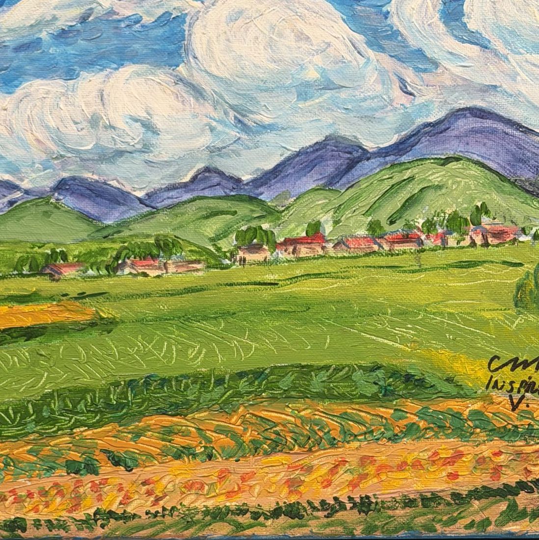 Painting of green fields and a village beneath purple mountains