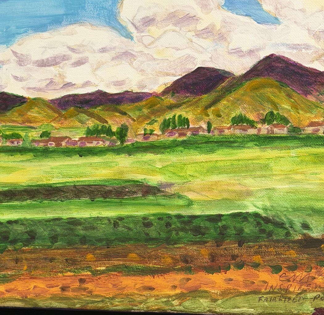 Painting of striped fields below golden hills
