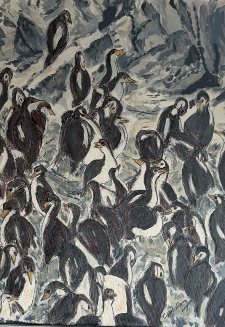 Black, grey and white painting of a dense flock of birds