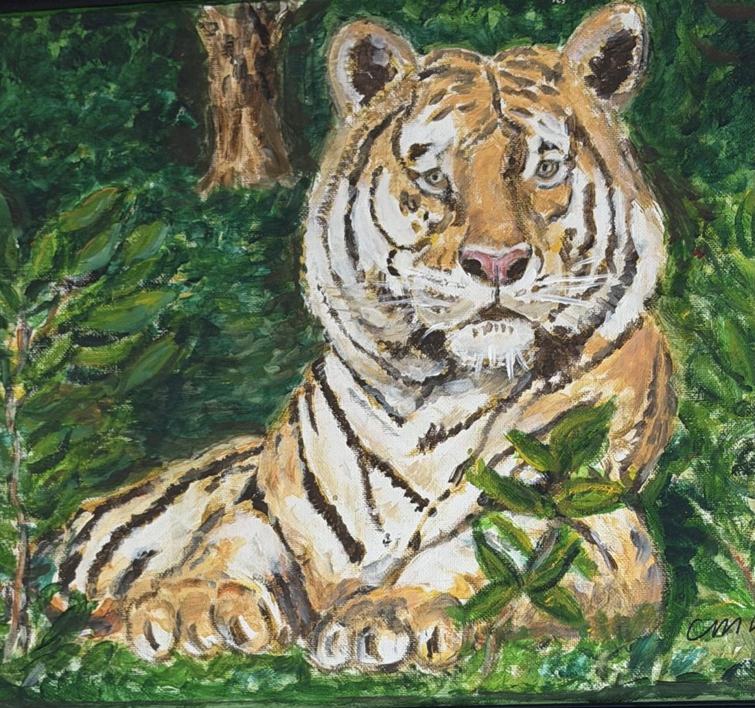 Painting of a tiger resting in green foliage