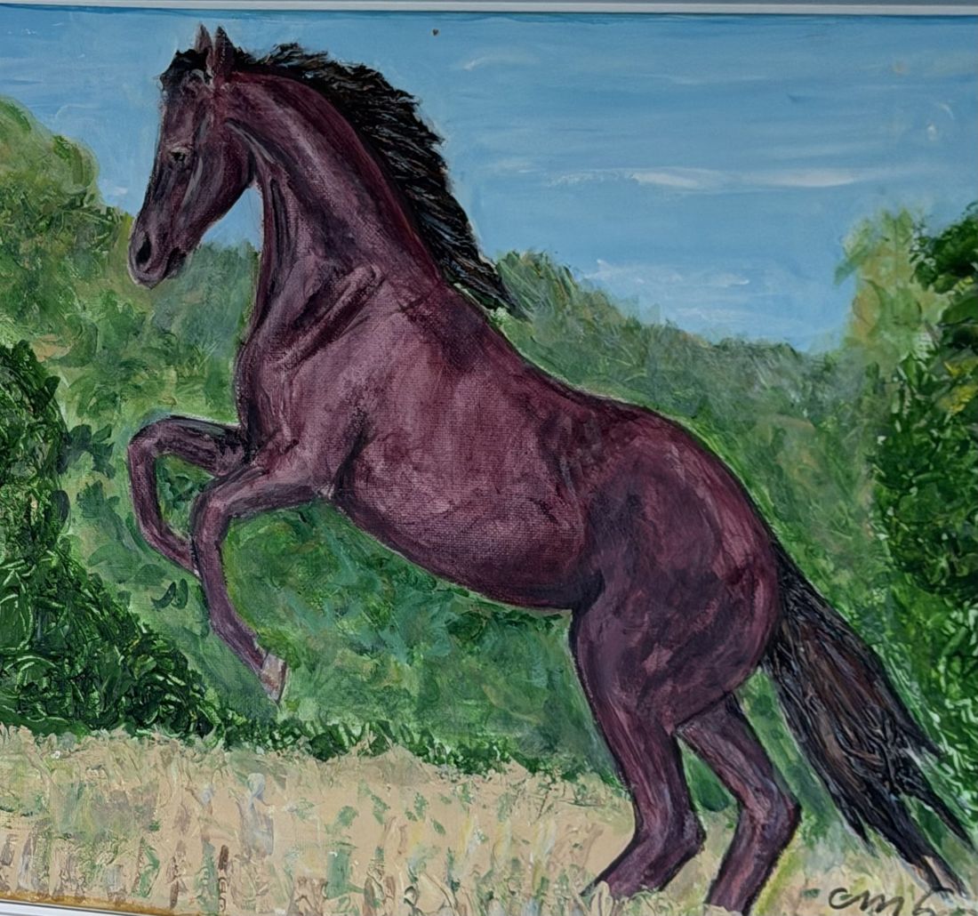 Painting of a dark horse rearing in a green landscape